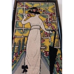Vintage Wool Needlepoint Wall Art Nouveau Flapper Lady Framed 10x20